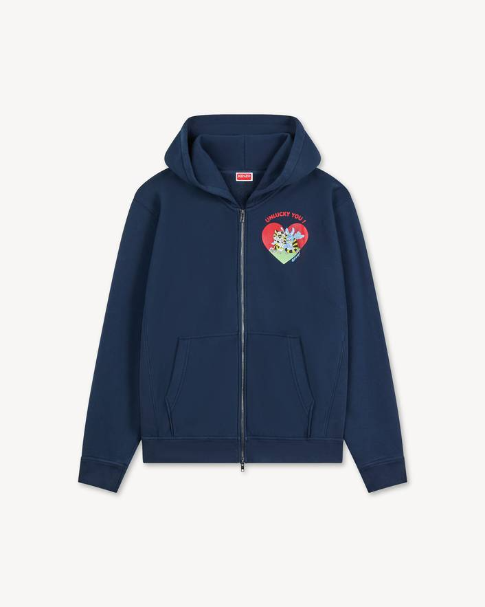 Kenzo Cartoon Zip-up Hoodie in Blue Cotton Front .Kenzo Cartoon Zip-up Hoodie in Blue Cotton front view