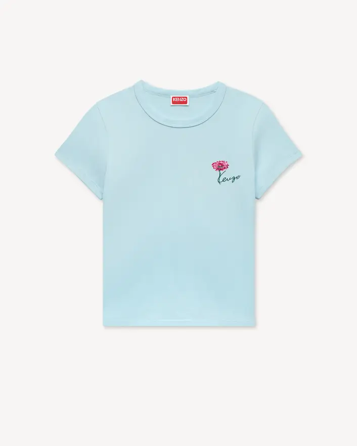 Kenzo Tulip Embroidered T-Shirt In Sky Blue Front Kenzo Tulip Embroidered T-Shirt In Sky Blue Front View