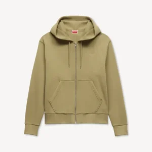 Kenzo Embroidered Zip-Up Hoodie in Khaki front view