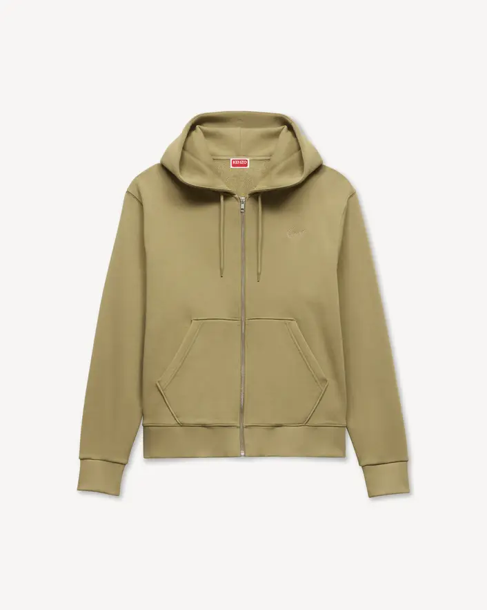 Kenzo Embroidered Zip-Up Hoodie Khaki Front Kenzo Embroidered Zip-Up Hoodie in Khaki front view