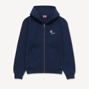 Kenzo Tulip Embroidered Zip-Up Hoodie in Blue front view